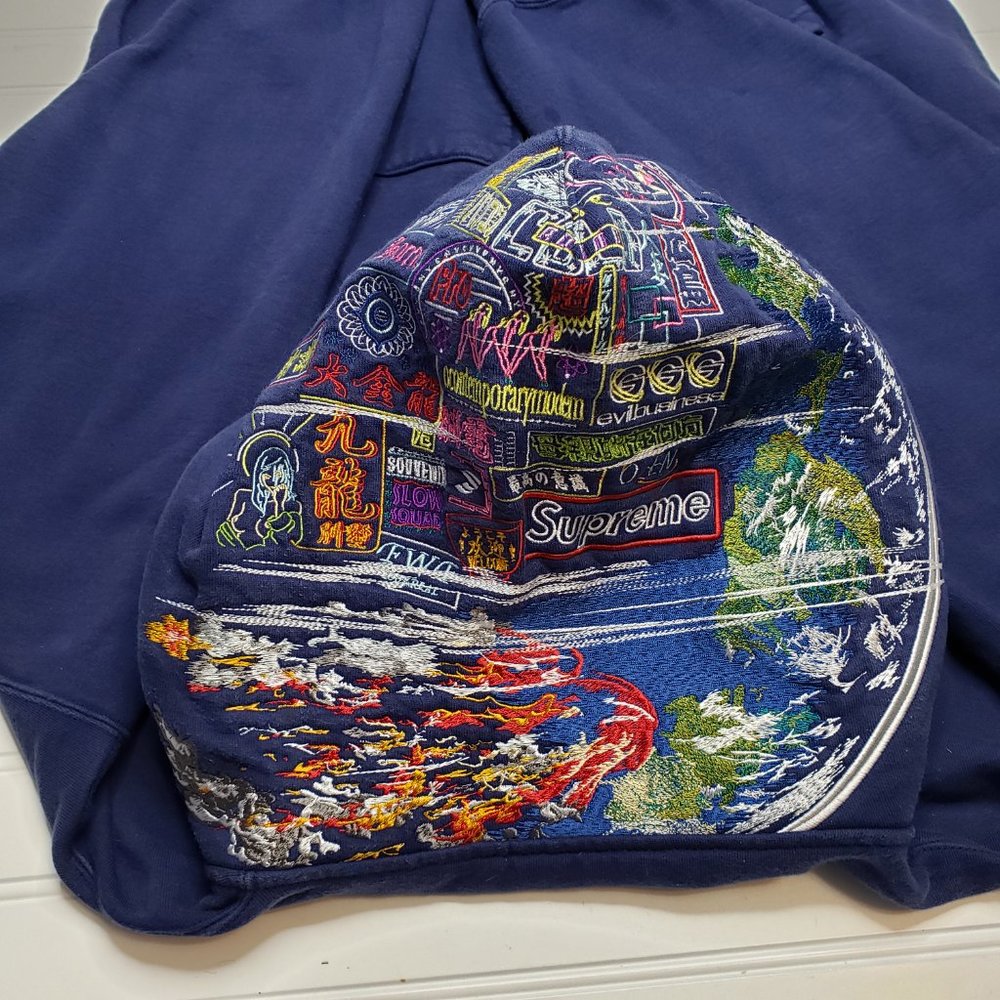 Supreme Globe Zip Up Hooded Sweatshirt Navy Blue Men’s Size Medium Embroidered - Picture 5 of 13